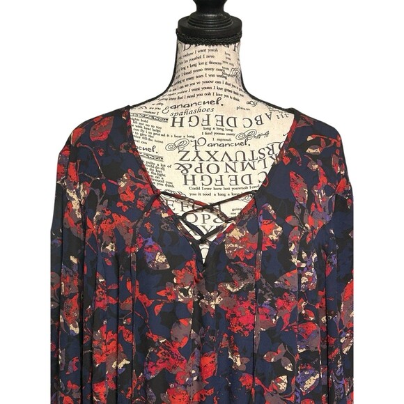 Ava & Viv 1X womens long sleeve red navy abstract floral Plus dress boho career - Picture 4 of 6